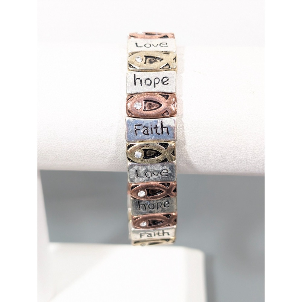 Boho Western Mixed Metal Christian Fish Faith Hope Love Stretch Bracelet 7 in